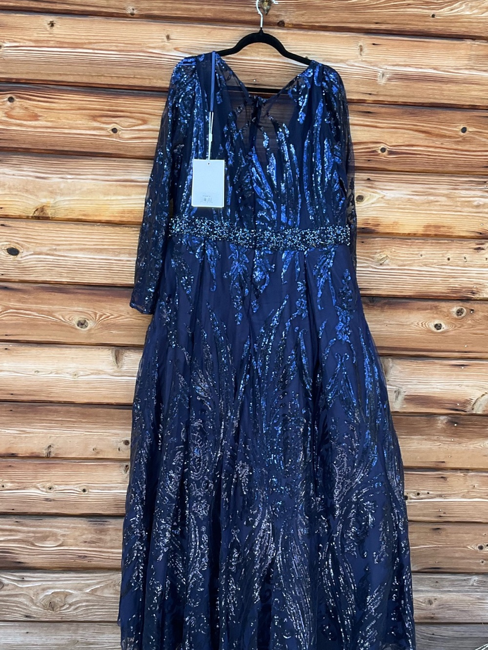 Mac Duggal Long Sleeve Embellished Evening Gown Midnight 18 Plus Size - Picture 9 of 11